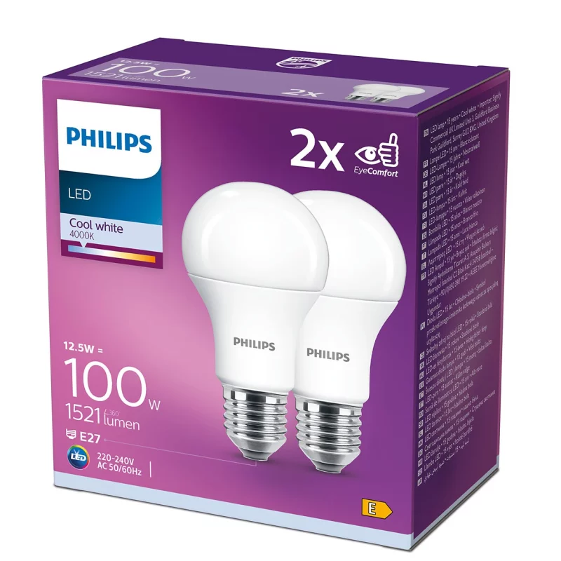 Scheermes zag Nationale volkstelling Philips LED bulb E27, 12W, set of 2, 1521lm, 4000K 